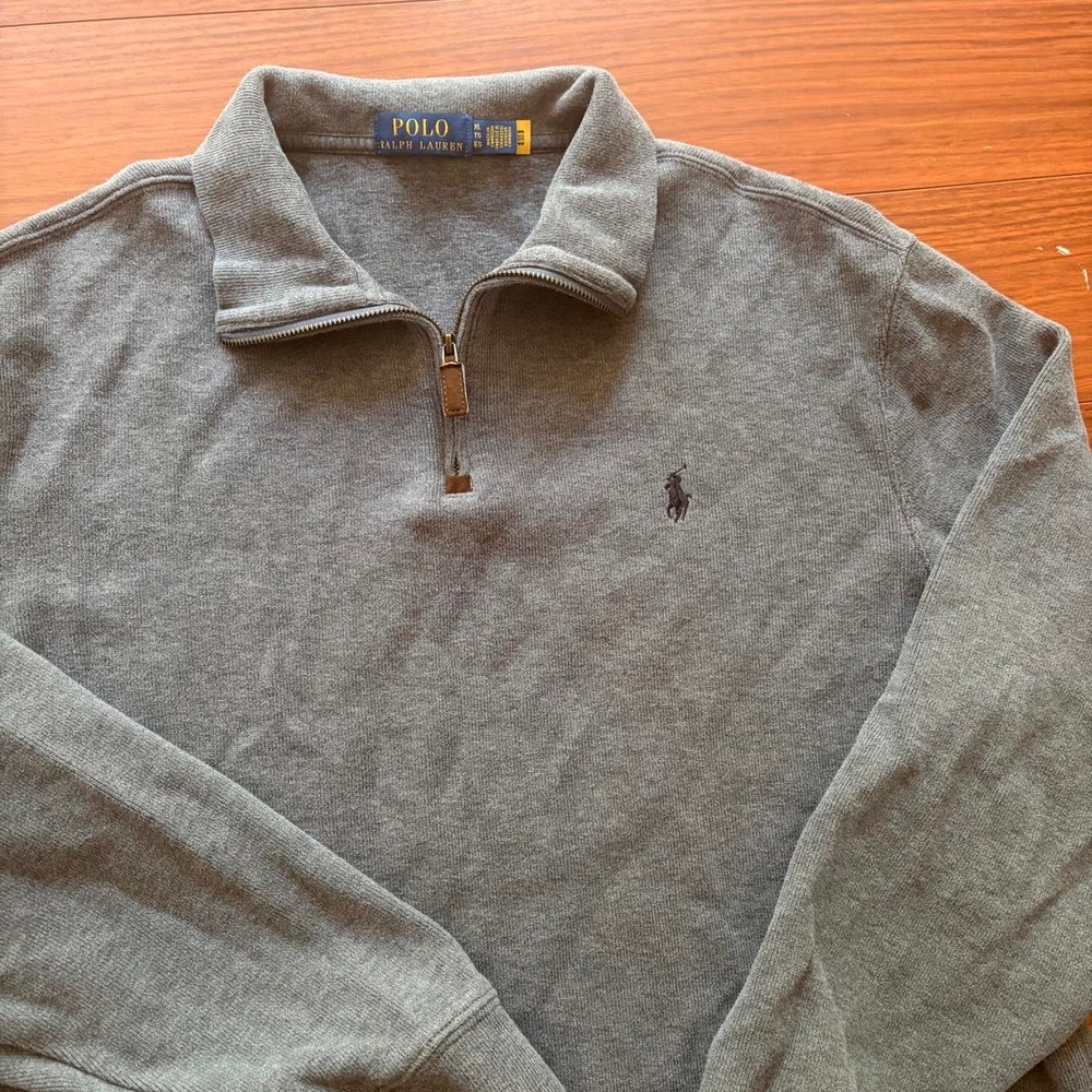 Polo Ralph Lauren Kitten Gray Quarter Zip Leather Tab Baggy Pullover XL